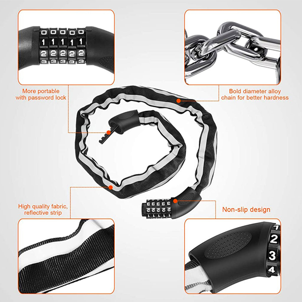 Bike Lock: Anti-Theft Heavy Duty Bicycle Chain Lock with Reflective Strips - Happy EBikes